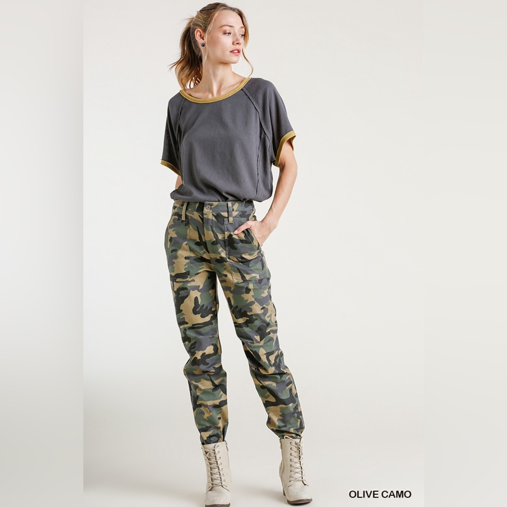 Umgee Camo Print Straight Pants with Pockets and Front Zipper